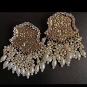 Golden Brass Earrings with Bead and Pearl Drop